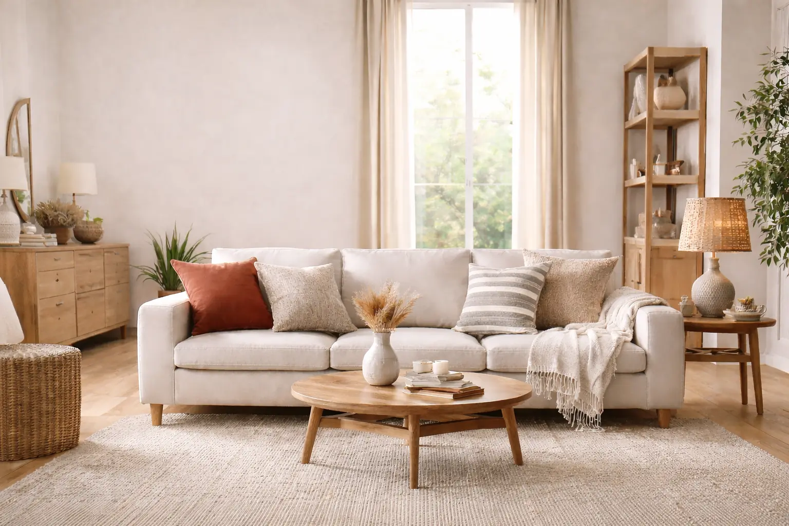 A calm, sunlit living room styled with neutral textiles and warm wood