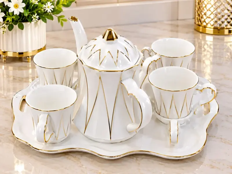Ceramic Tea Set 8-1.  6 cups , 1 Teapot and Tray view 2