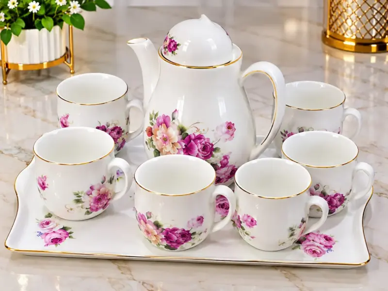 Ceramic Tea Set 8-1.  6 cups , 1 Teapot and Tray view 3