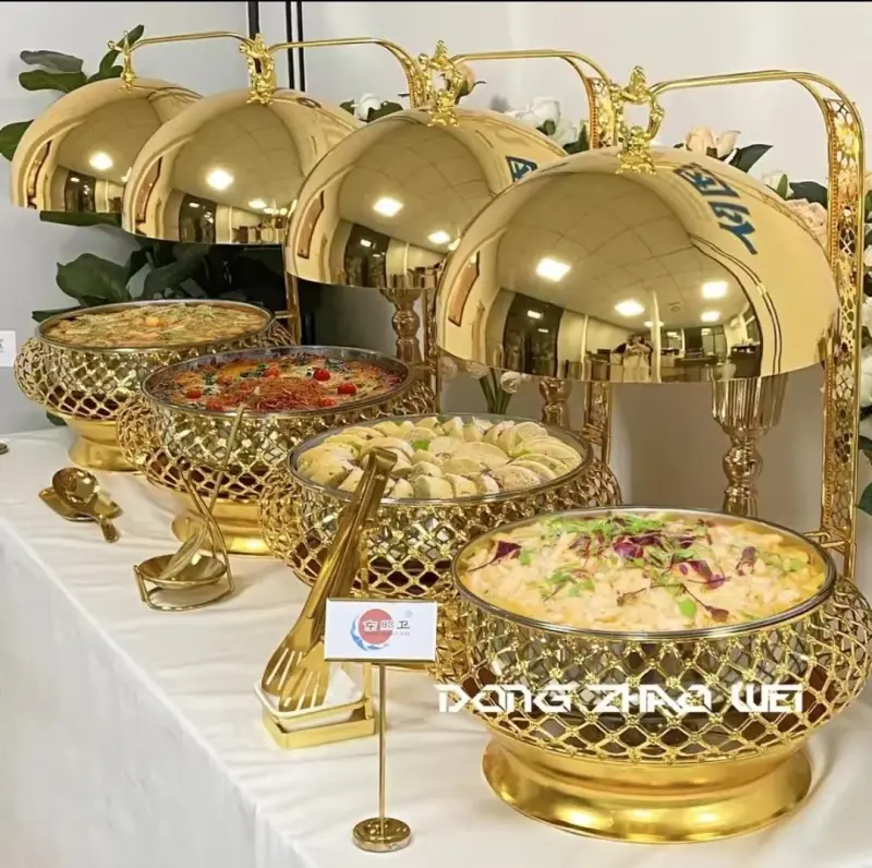 Golden fancy elegant chaffing dishes with hanging  lid view 3