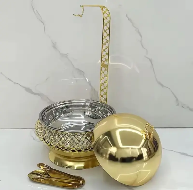 Golden fancy elegant chaffing dishes with hanging  lid view 1