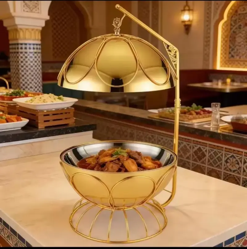 Golden fancy elegant chaffing dishes with hanging  lid view 1