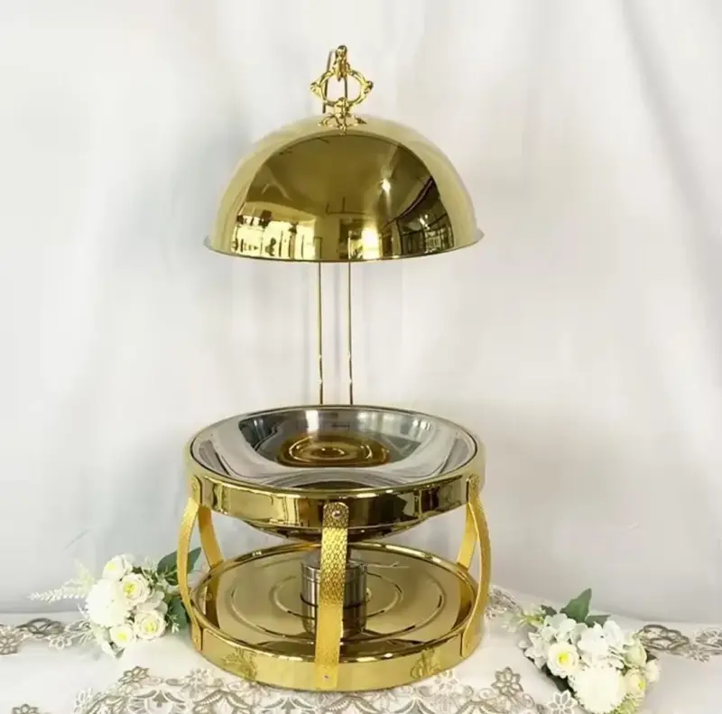 Golden fancy elegant chaffing dishes with hanging  lid view 1