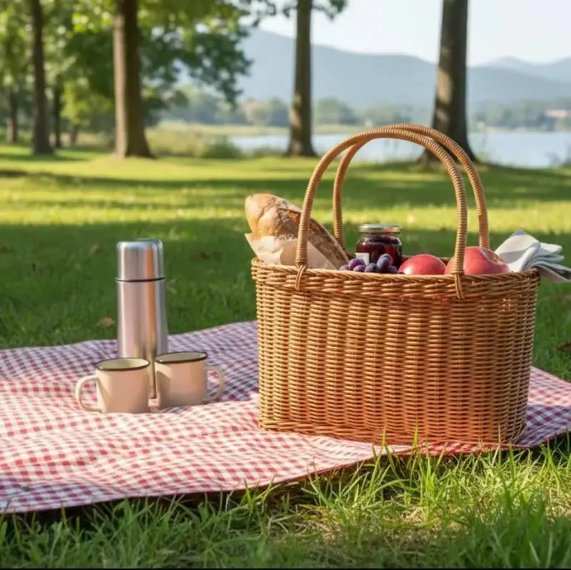 Wooven Rattan Picnic Basket with Double Handles -Outdoor Storage  & Camping Tote view 2