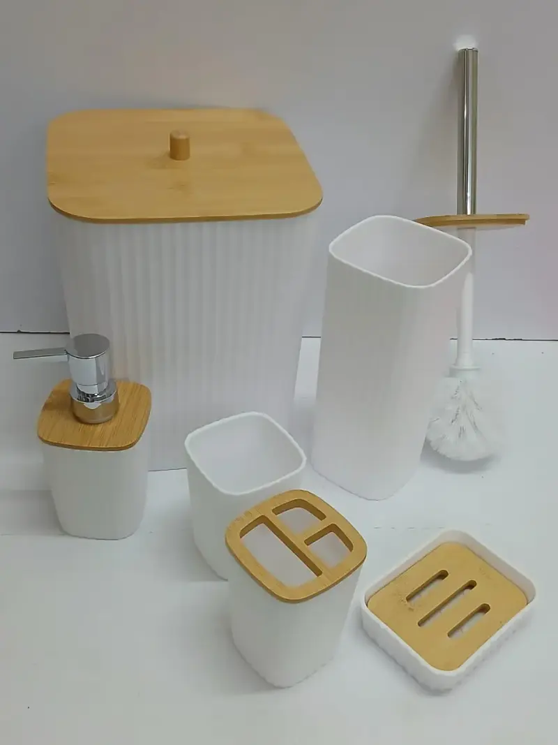 Bathroom Accessories Set . ⏯️6 in 1 set includes {Toothbrush holder, Soap dispenser, Toilet brush, Trash can.