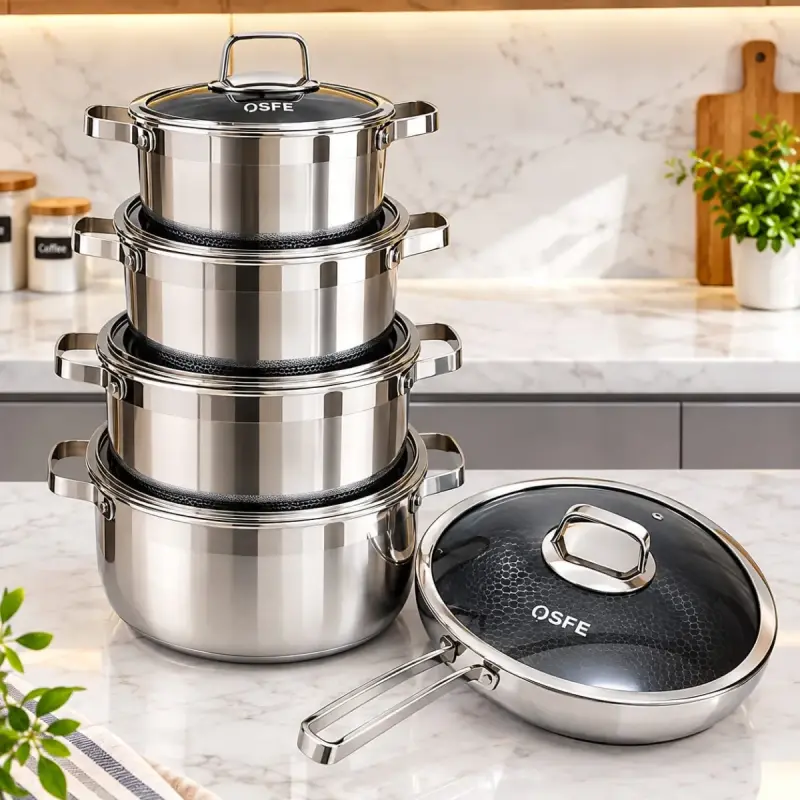 Premium High quality Tripply S/S Stainless steel cookware set with Hammered Patterned design   ✴️Comes with Stainless steel lids,mirror polished exterior and eco  Friendlly Non-stick properties. view 3