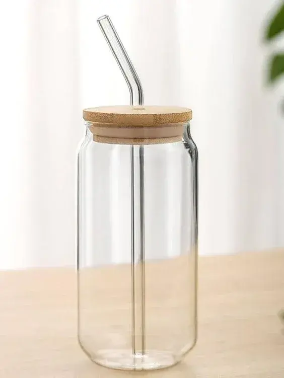 Glass Cup With Bamboo Lid And Straw