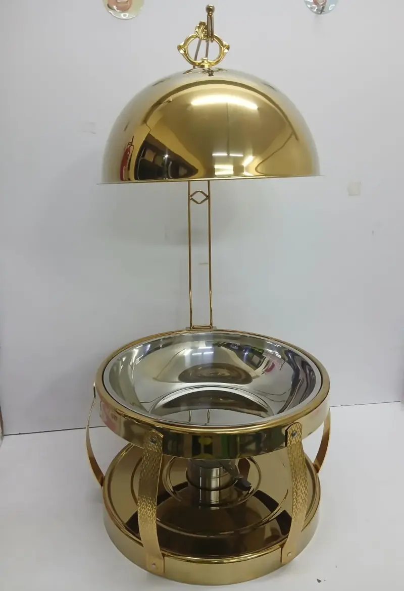 Golden fancy elegant chaffing dishes with hanging  lid view 3
