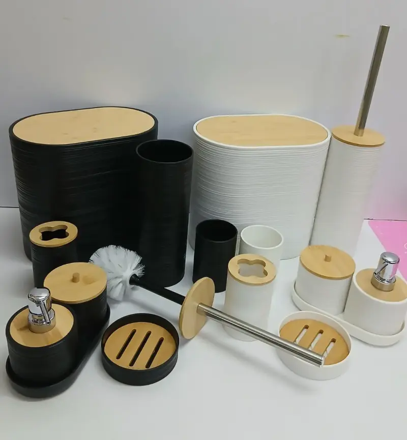 Bathroom Accessories . ⏯️8 in 1 set includes {Toothbrush holder, Soap dispenser, Toilet brush, Trash can. view 1