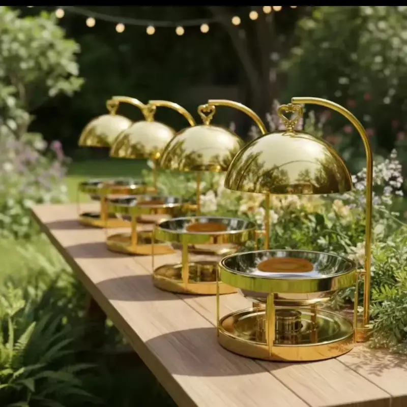 Golden fancy elegant chaffing dishes with hanging  lid view 4