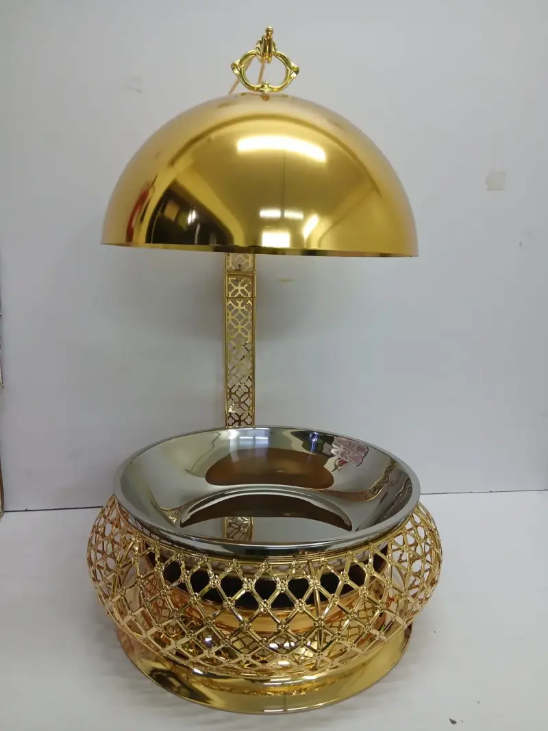 Golden fancy elegant chaffing dishes with hanging  lid view 2